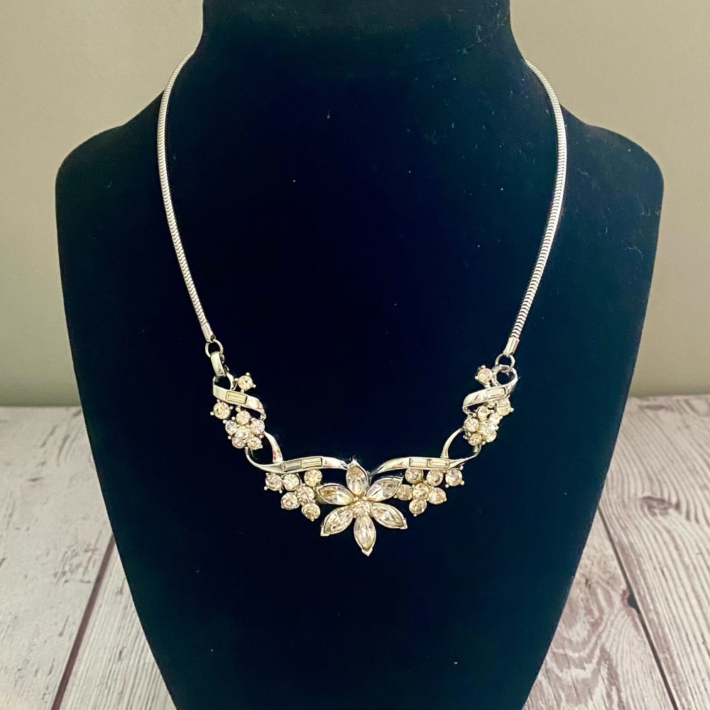 Signed Coro Pegasus Silvertone Floral Rhinestone Necklace